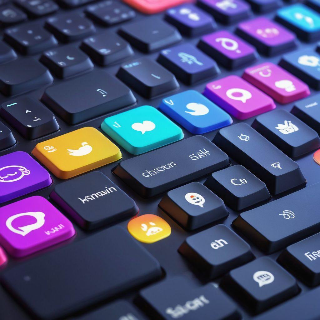 A close-up view of a modern keyboard surrounded by colorful digital communication elements like chat bubbles and emojis. The keyboard layout should feature various designs, highlighting seamless interaction. In the background, abstract representations of digital connections and networks create a sense of connectivity. The overall tone is vibrant and engaging, inviting readers to explore digital communication. vibrant colors. 3D. digital art.