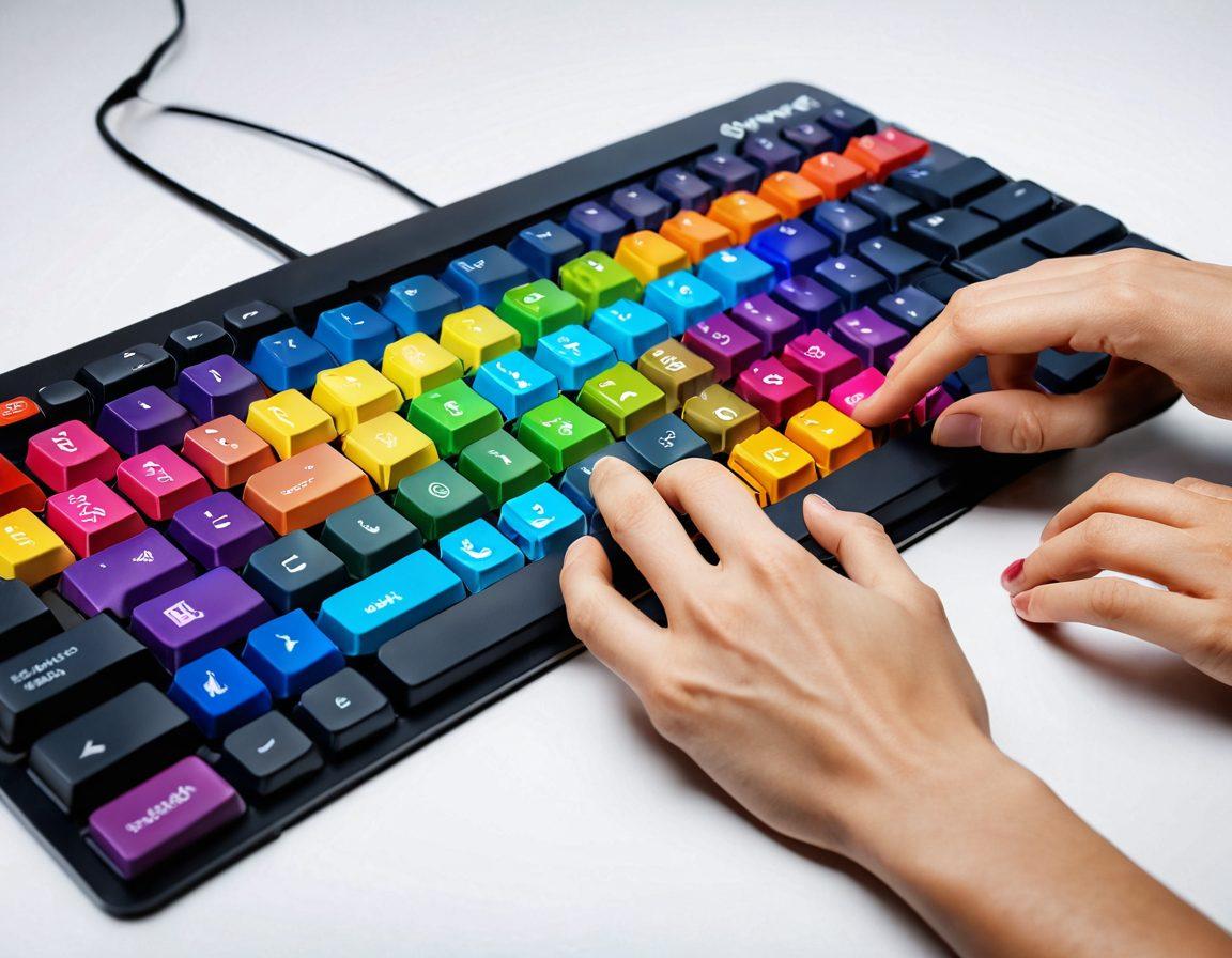 A close-up view of hands elegantly typing on a vibrant QWERTY keyboard, with colorful text and symbols emerging from the keys, symbolizing efficient digital communication. Surrounding the keyboard are floating tips and tricks related to typing, in a dynamic and engaging layout. The background is a seamless blend of tech elements, creating a lively atmosphere. super-realistic. vibrant colors. white background.