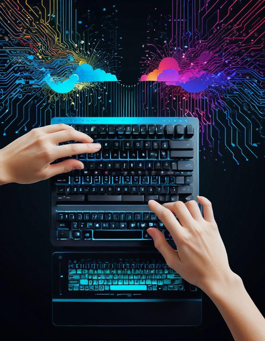A dynamic collage showcasing the evolution of typing skills, featuring an ASCII art keyboard morphing into a vibrant digital interface, with fingers dancing over keys that radiate connectivity symbols like Wi-Fi and cloud icons. The background should evoke a sense of a bustling virtual world filled with colorful data streams. Bright and engaging color palette to attract attention. futuristic design. vibrant colors. super-realistic.
